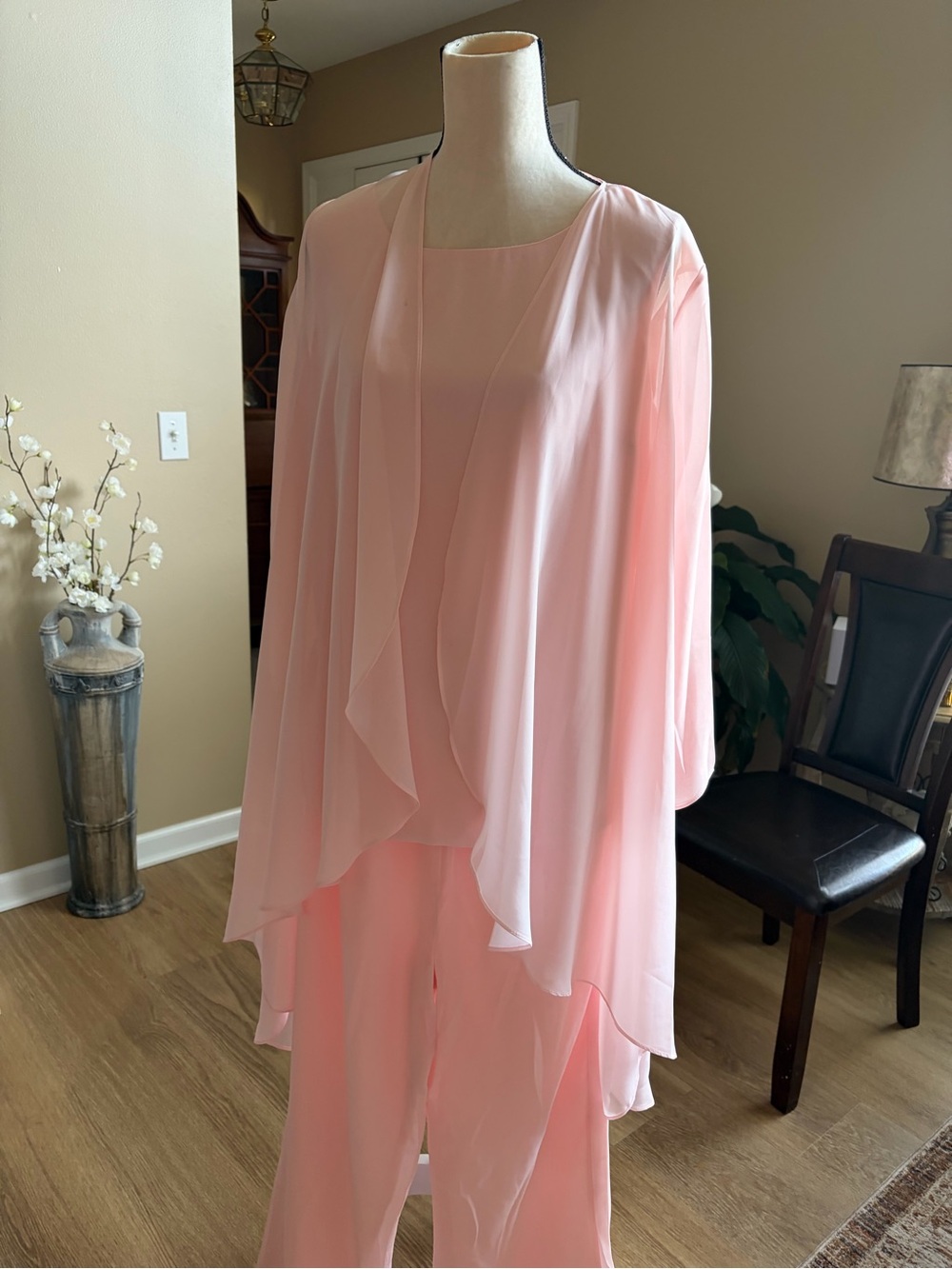 Soft Pink Chiffon Layered Three Piece Wedding Pant Set